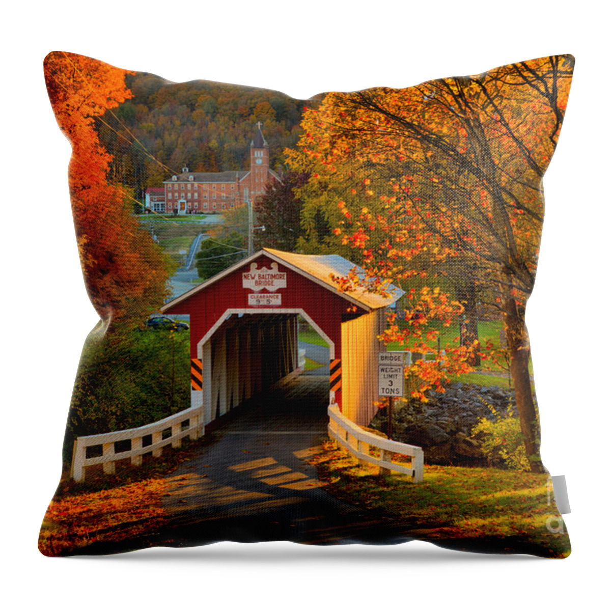 New Baltimore Throw Pillow featuring the photograph New Baltimore Covered Bridge Fall Landscape by Adam Jewell