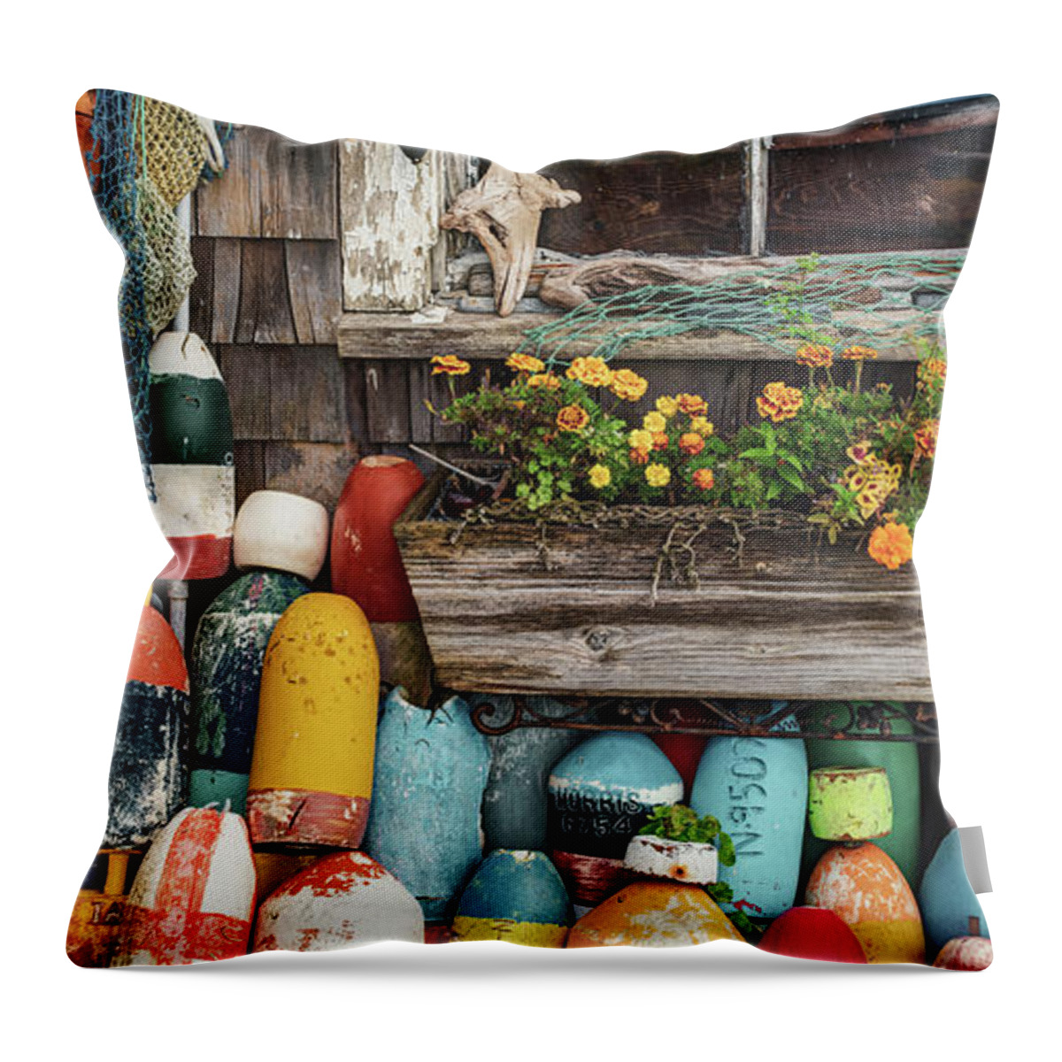Lobster Buoy Panorama Throw Pillow featuring the photograph New England Lobster Buoys and Fishing Shack Panorama by Gregory Ballos