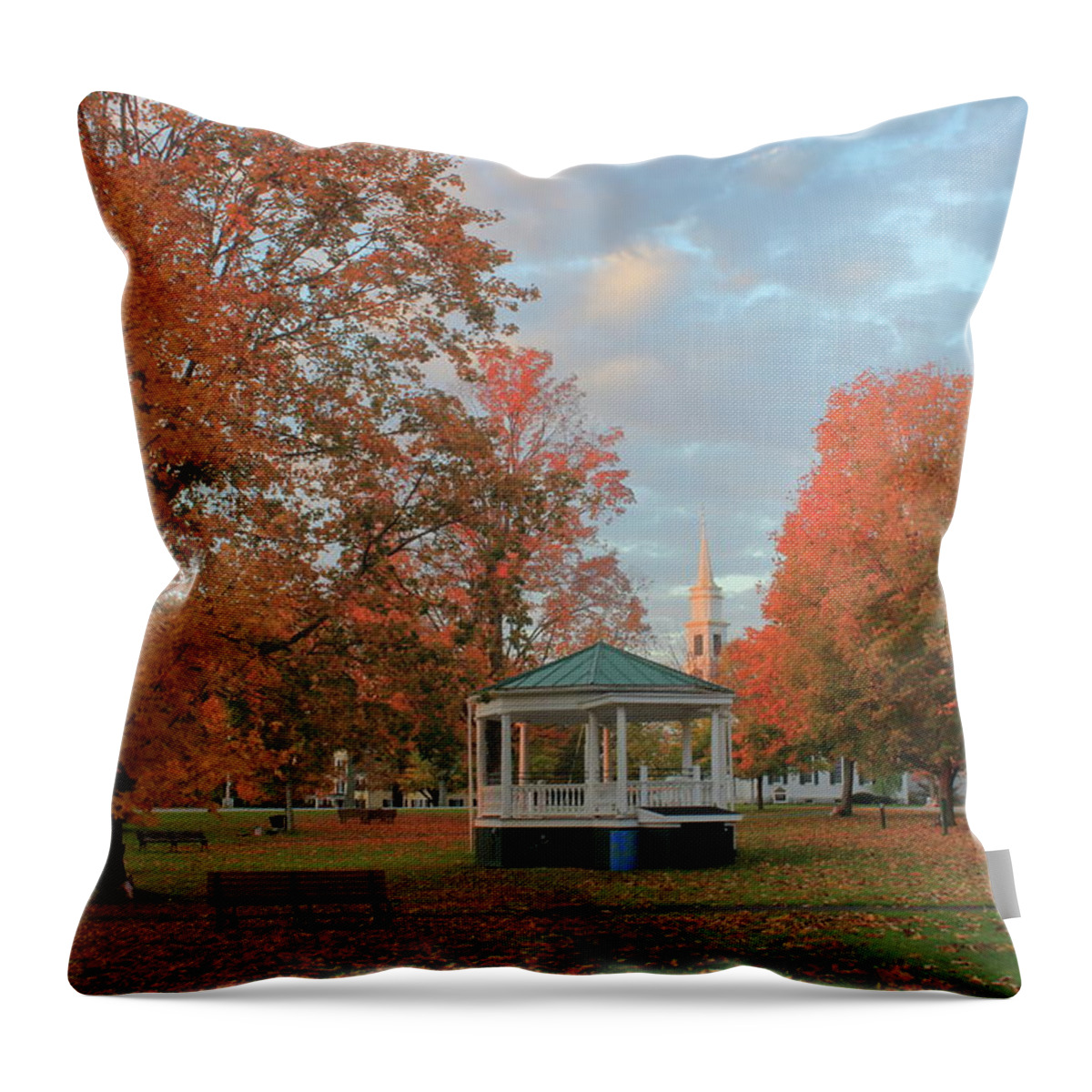Autumn Throw Pillow featuring the photograph New England Town Common Autumn Morning by John Burk