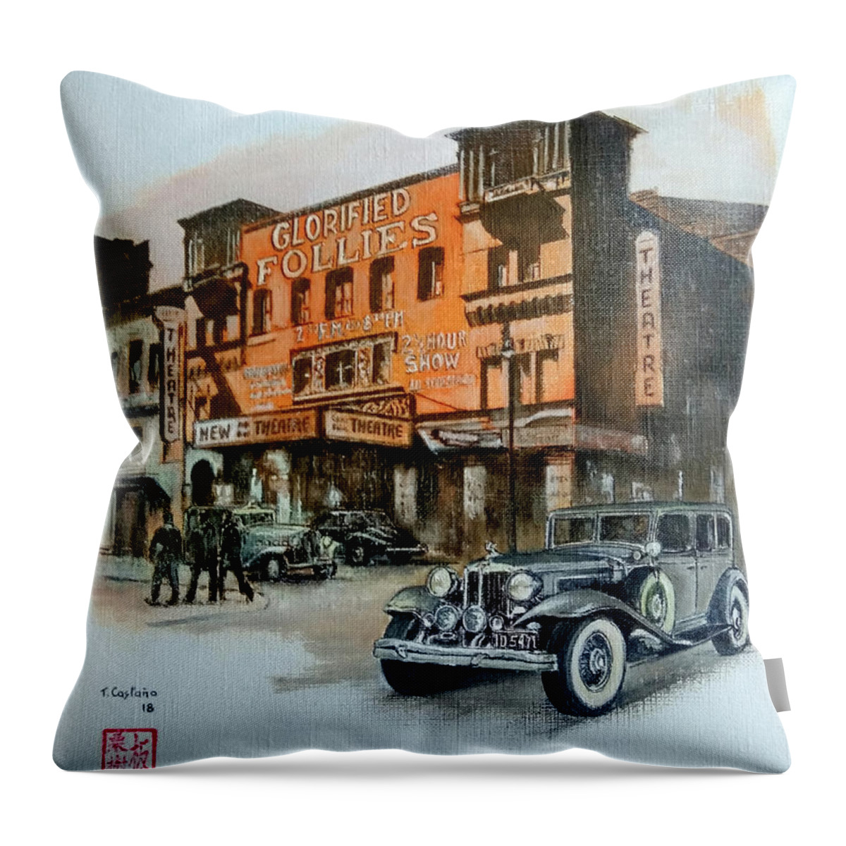 New Yor 1930 Throw Pillow featuring the painting New York 1930 - Irving Place Theatre, Manhattan by Tomas Castano