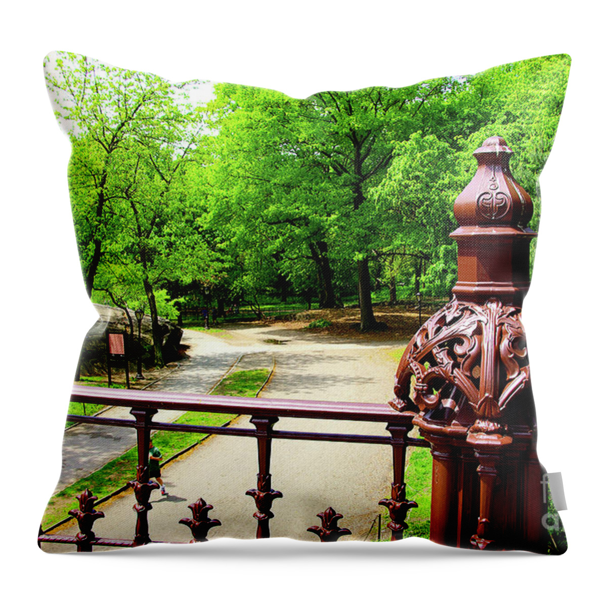 Central Park Throw Pillow featuring the photograph New York's Central Park Winterdale Arch Railing Cast Iron Art by Zalman Latzkovich