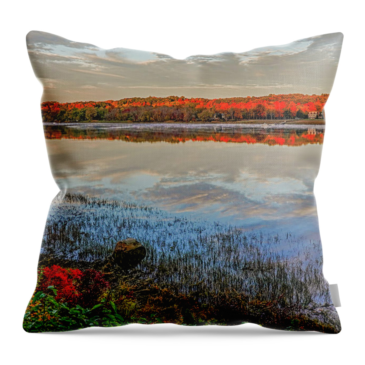 Newburyport Throw Pillow featuring the photograph Newburyport MA Maudslay State Park Fall Foliage Sunrise Merrimack River Reflection by Toby McGuire