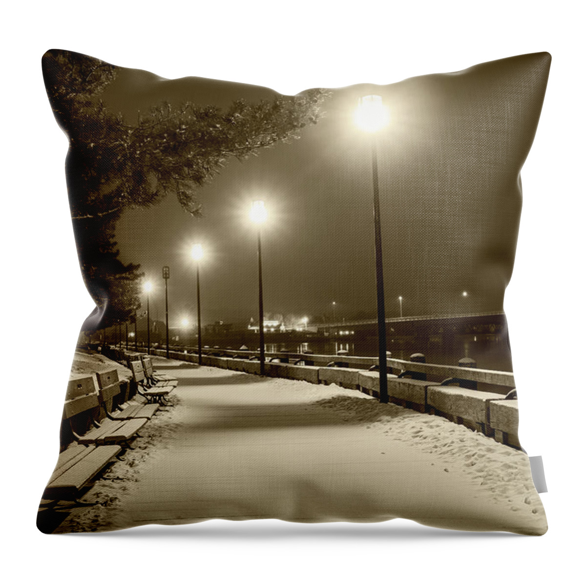 Newburyport Throw Pillow featuring the photograph Newburyport MA Snowstorm at night Merrimac River Lights Sepia by Toby McGuire