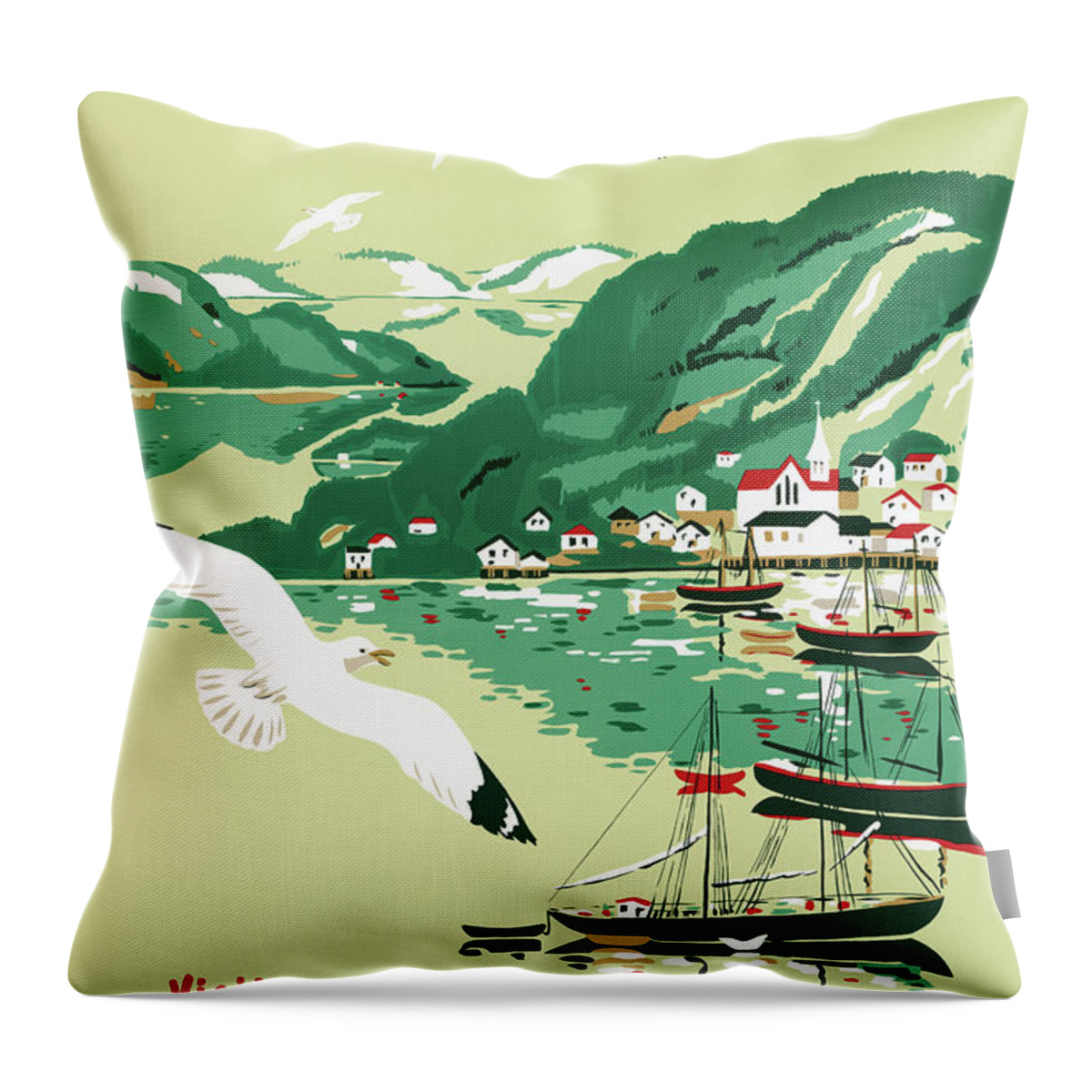 Vintage Throw Pillow featuring the drawing Newfoundland Vintage Travel Poster Restored by Vintage Treasure