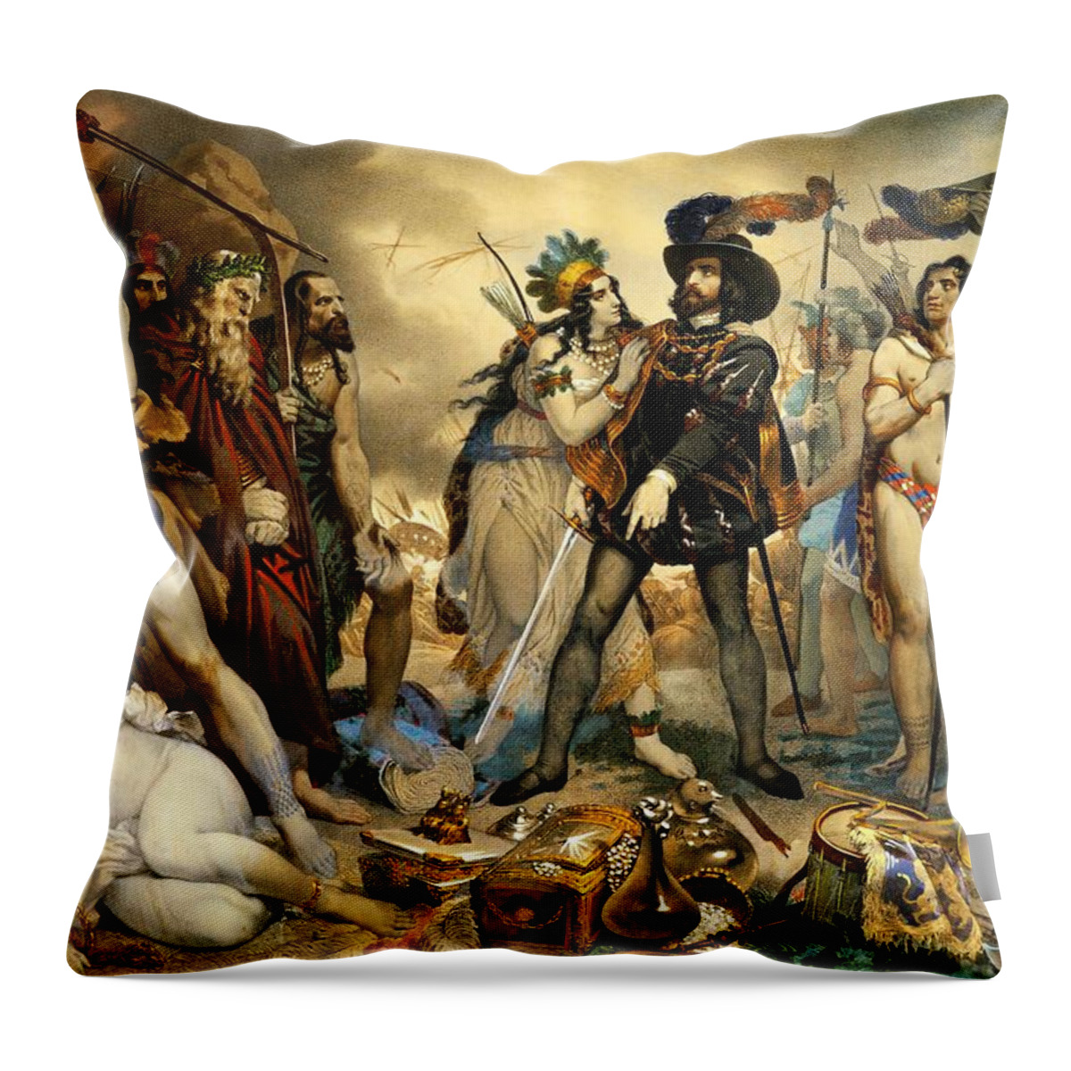 Cortez Orders His Fleet To Be Destroyed Throw Pillow featuring the drawing Nicolas-Eustache Maurin / 'Cortez orders his fleet to be destroyed', 19th, Engraving. by Nicolas-Eustache Maurin -1799-1850-