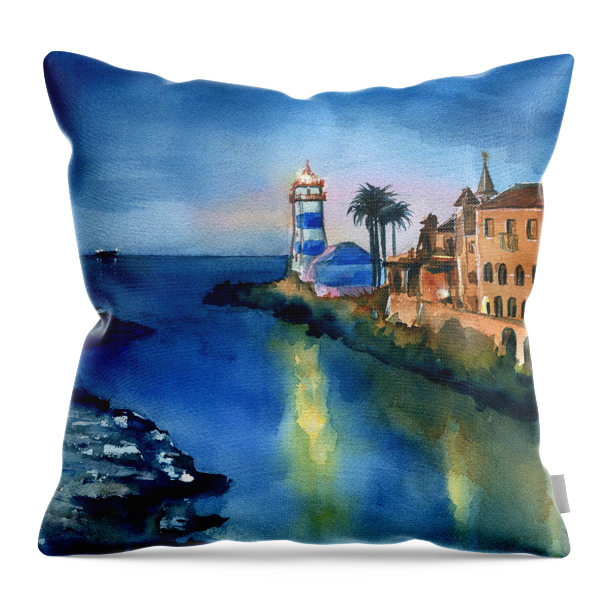 Portugal Throw Pillow featuring the painting Nightfall in Cascais Portugal by Dora Hathazi Mendes