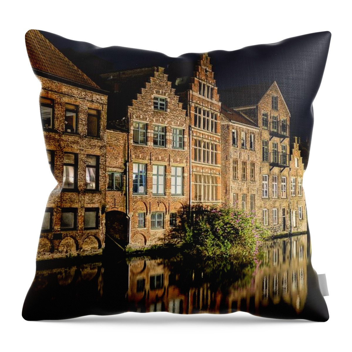 Night Throw Pillow featuring the photograph Nighttime reflections in Ghent by Patricia Caron