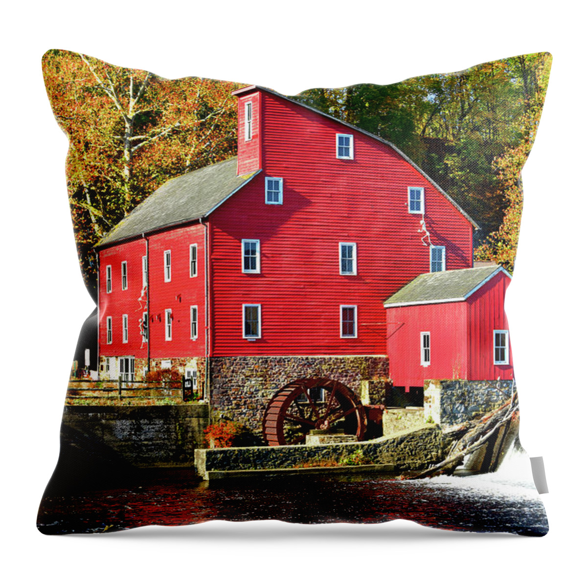 Clinton New Jersey Throw Pillow featuring the photograph NJ Red Mill and Autumn Gold by Regina Geoghan