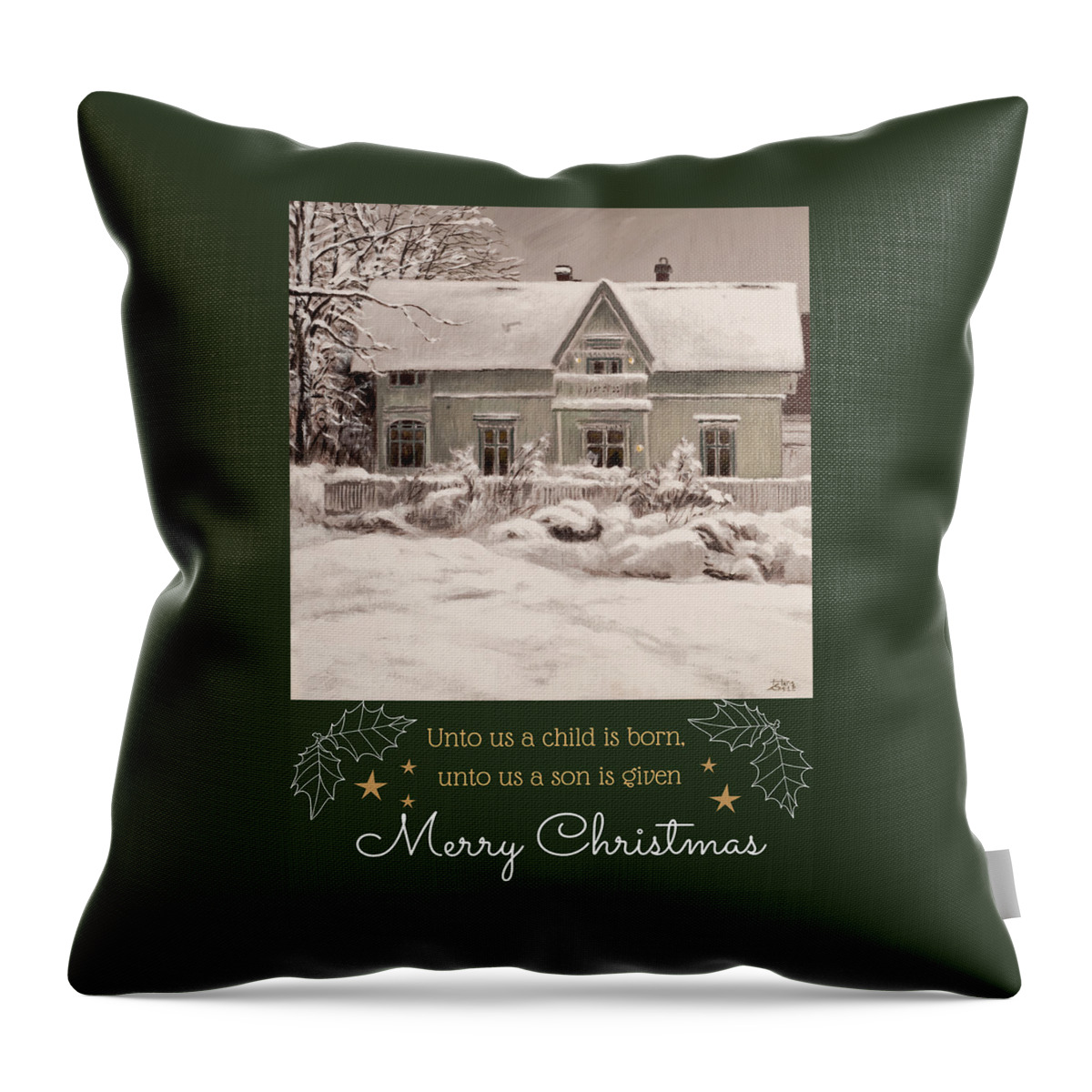 Christmas Card Throw Pillow featuring the painting Nordic Town Houses - House of the Undertaker - Christmas card version by Hans Egil Saele