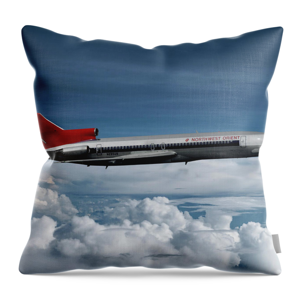 Northwest Orient Airlines Throw Pillow featuring the mixed media Northwest Orient Airlines Boeing 727 by Erik Simonsen