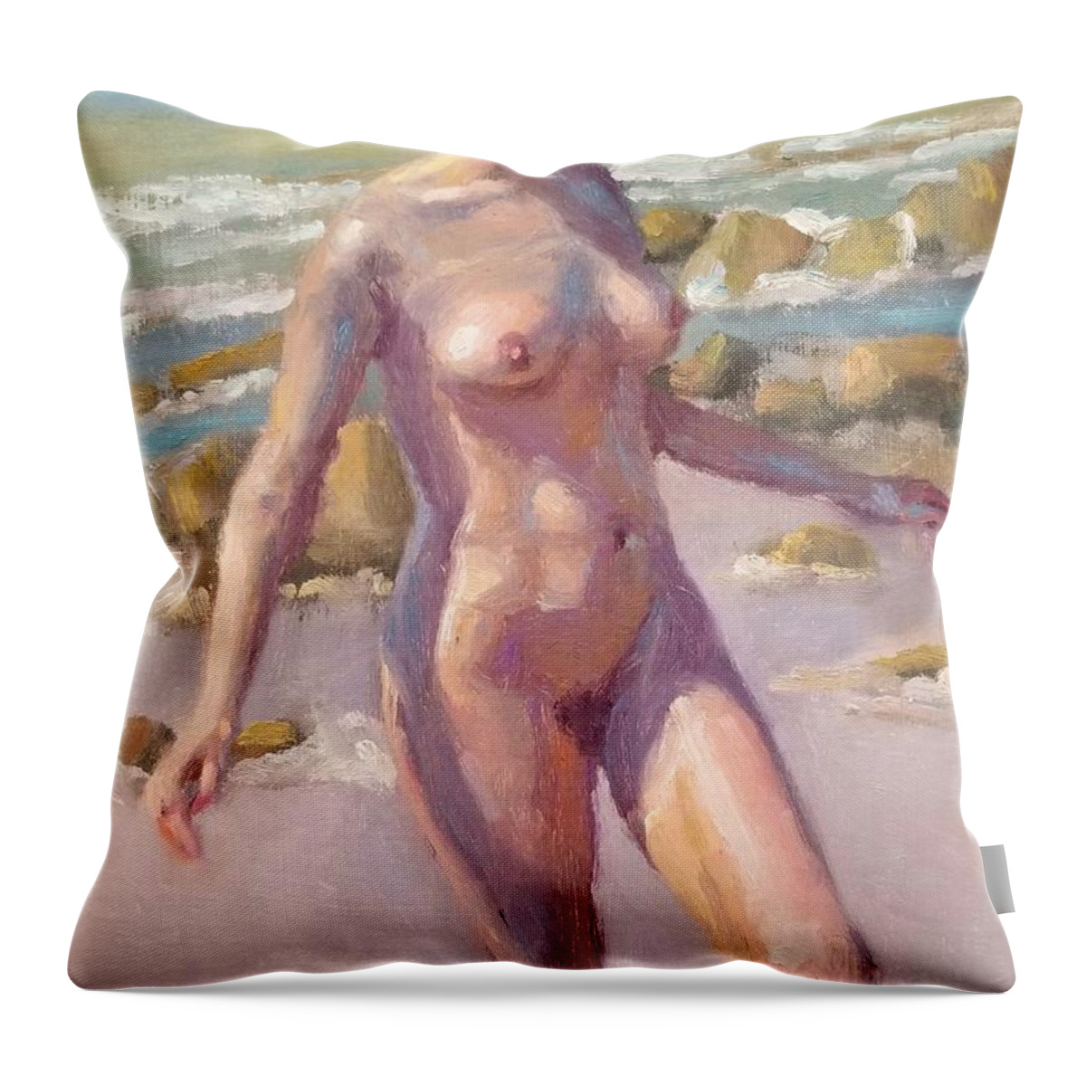 Joaquin Sorrola Throw Pillow featuring the painting Nude on beach by Jeff Dickson