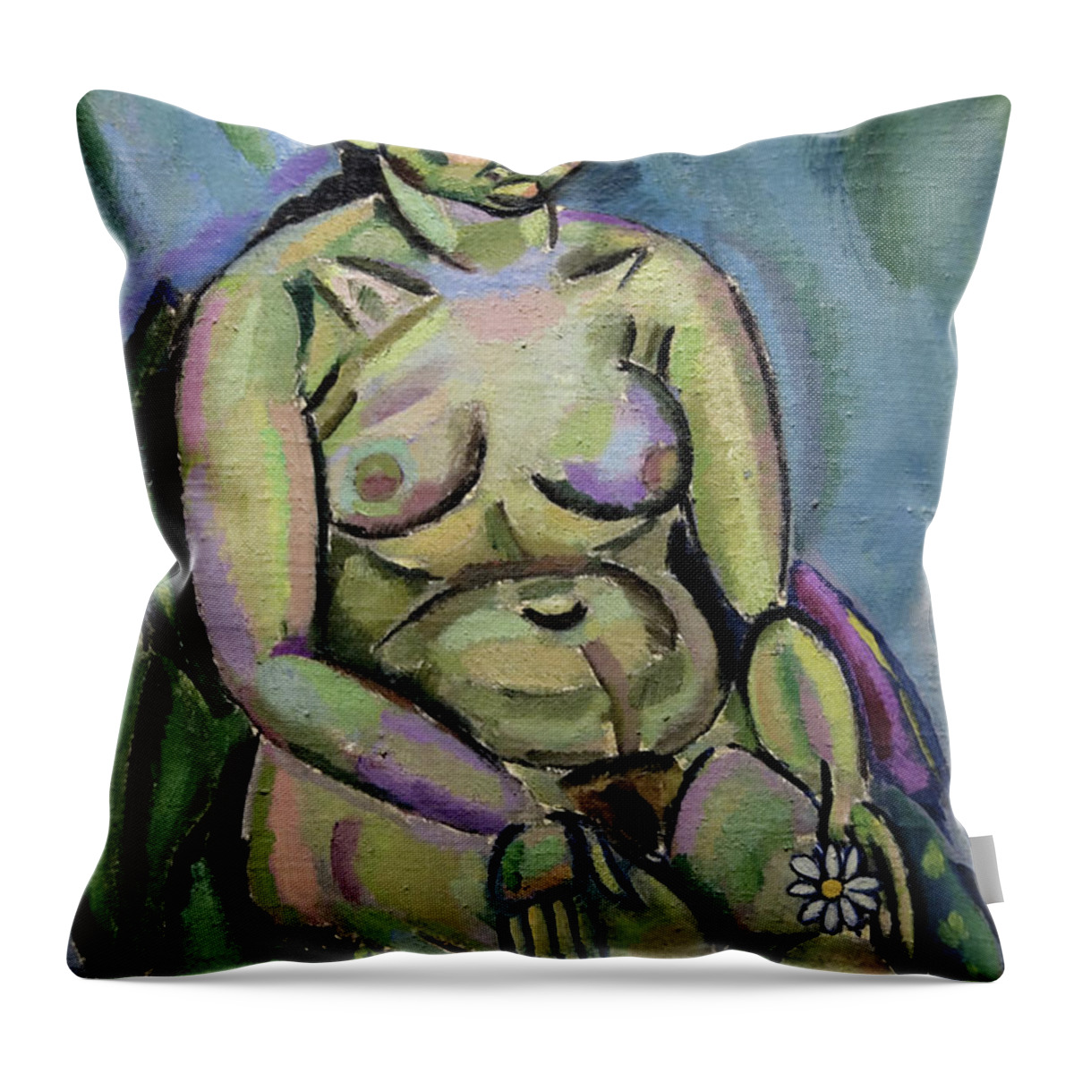Nude Throw Pillow featuring the painting Nude with a Flower by Joan Mir i Ferr