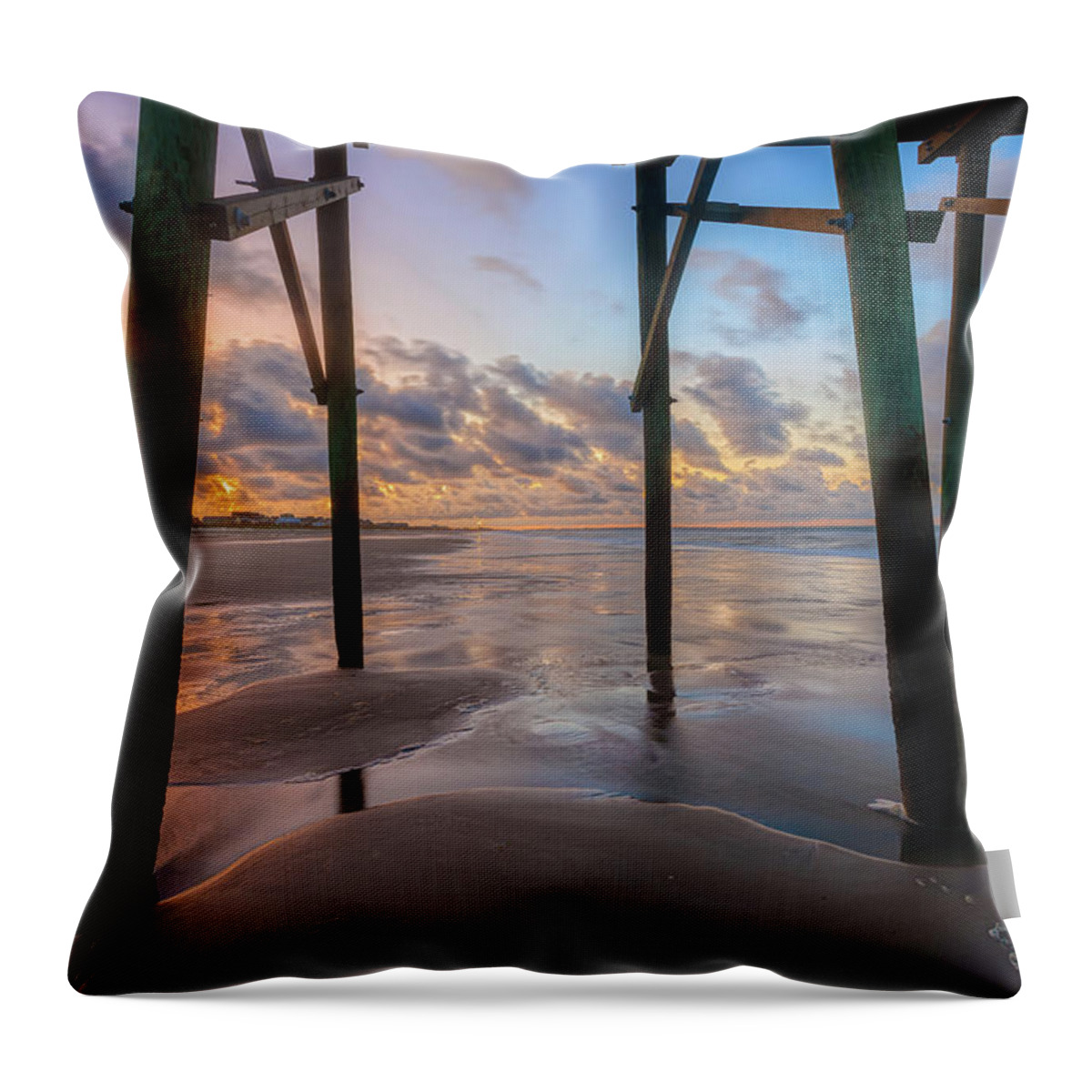 Oak Island Throw Pillow featuring the photograph Oak Island Pier Sunrise by Nick Noble