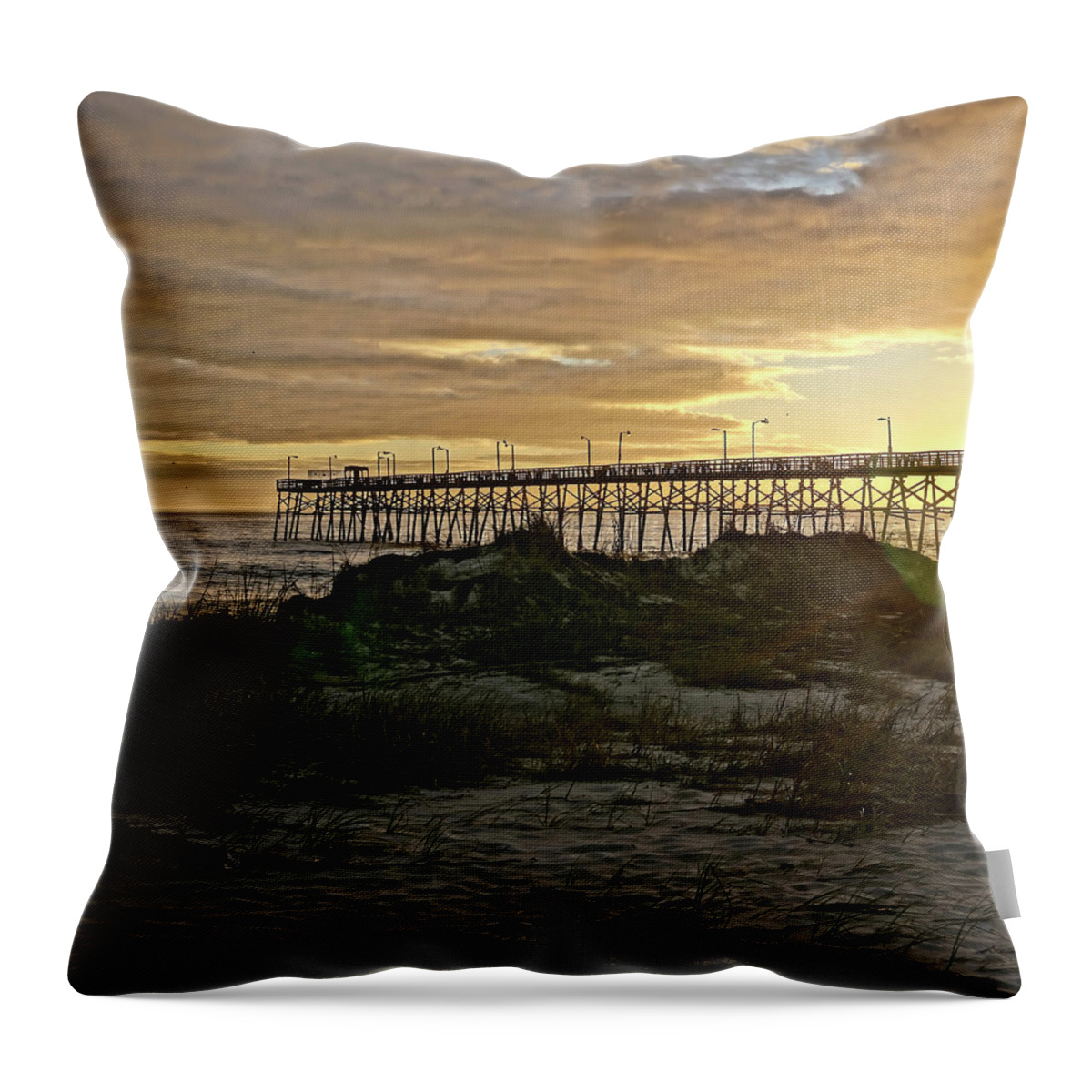 Sunset Throw Pillow featuring the photograph Oak Island Pier Sunset by Don Margulis