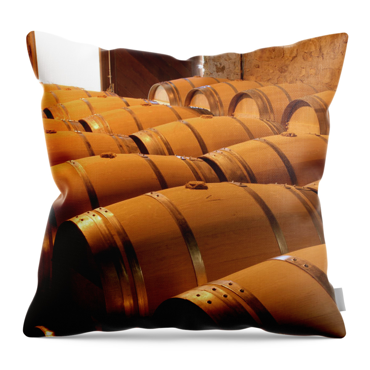 Fermenting Throw Pillow featuring the photograph Oak Wine Barrel Rows In Winery Cellar by Yinyang