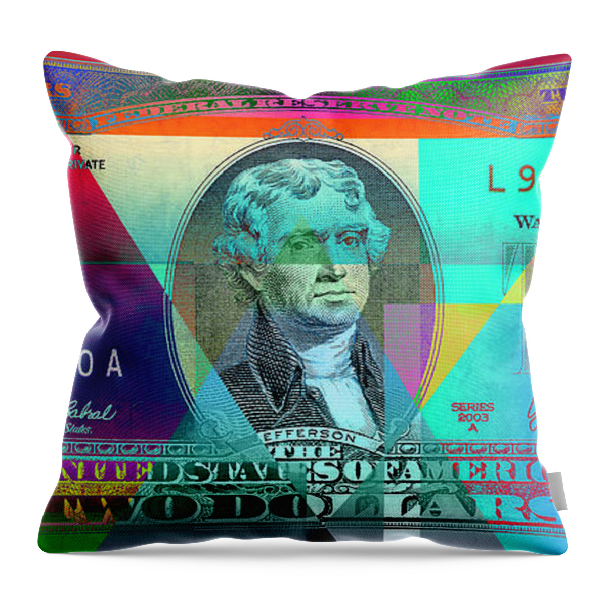 Visual Art Pop By Serge Averbukh Throw Pillow featuring the digital art Obverse of a Colorized Two U. S. Dollar Bill by Serge Averbukh