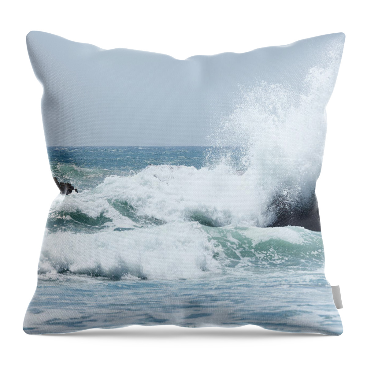 Water's Edge Throw Pillow featuring the photograph Ocean Wave Smashing Aginst Black by Arturbo