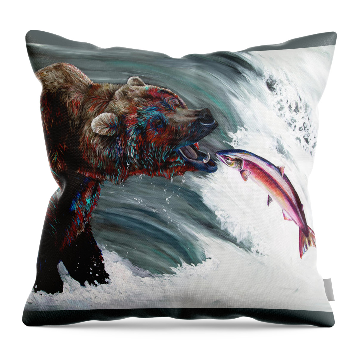 Grizzly Bear Throw Pillow featuring the painting Off The Hook by Averi Iris
