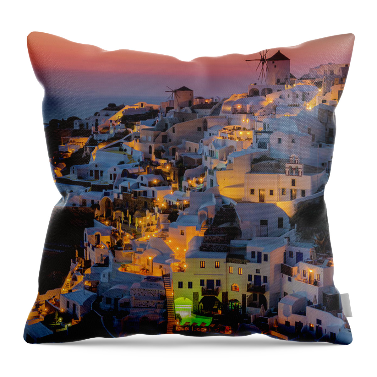 Environmental Conservation Throw Pillow featuring the photograph Oia Colorfull Night by George Papapostolou Photographer