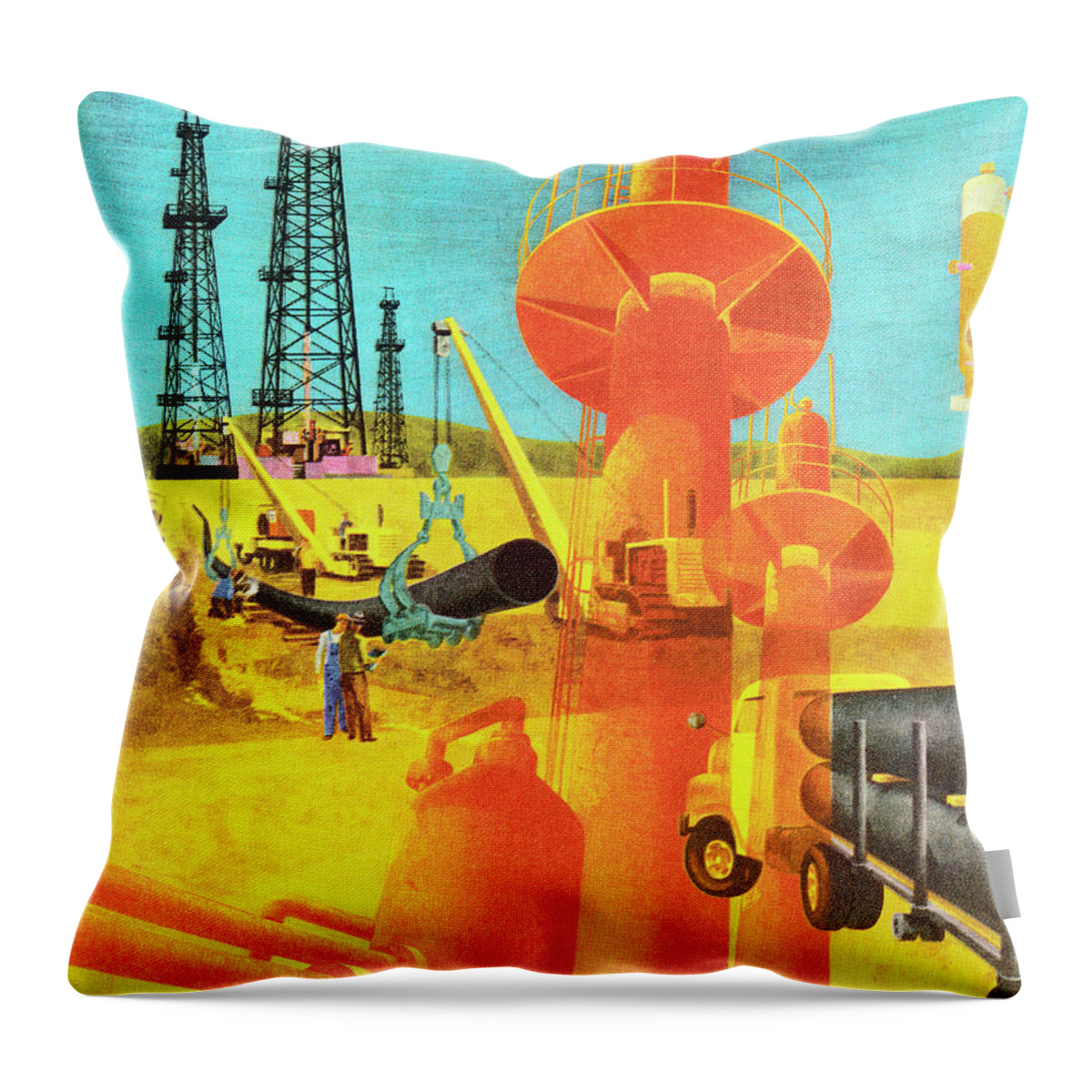 Campy Throw Pillow featuring the drawing Oil Drilling and Production by CSA Images