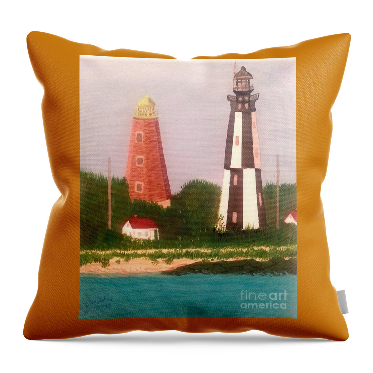 Original Throw Pillow featuring the painting Old and New Cape Henry Lighthouses, Virginia by Elizabeth Mauldin