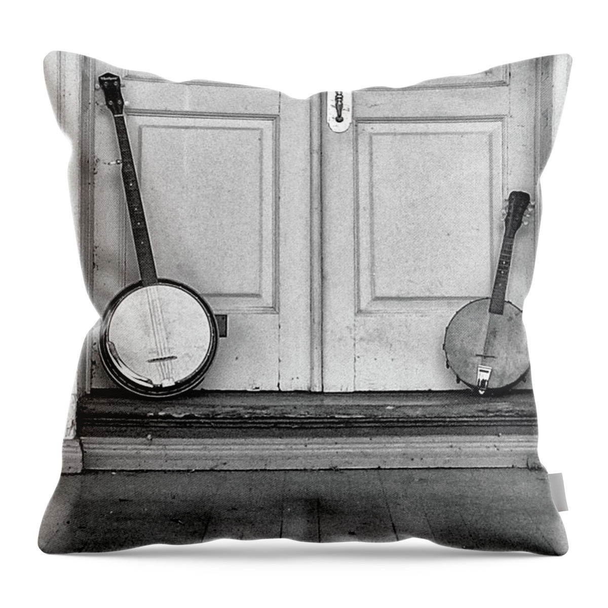 Old Throw Pillow featuring the photograph Old Banjos in Black and White by Bill Cannon