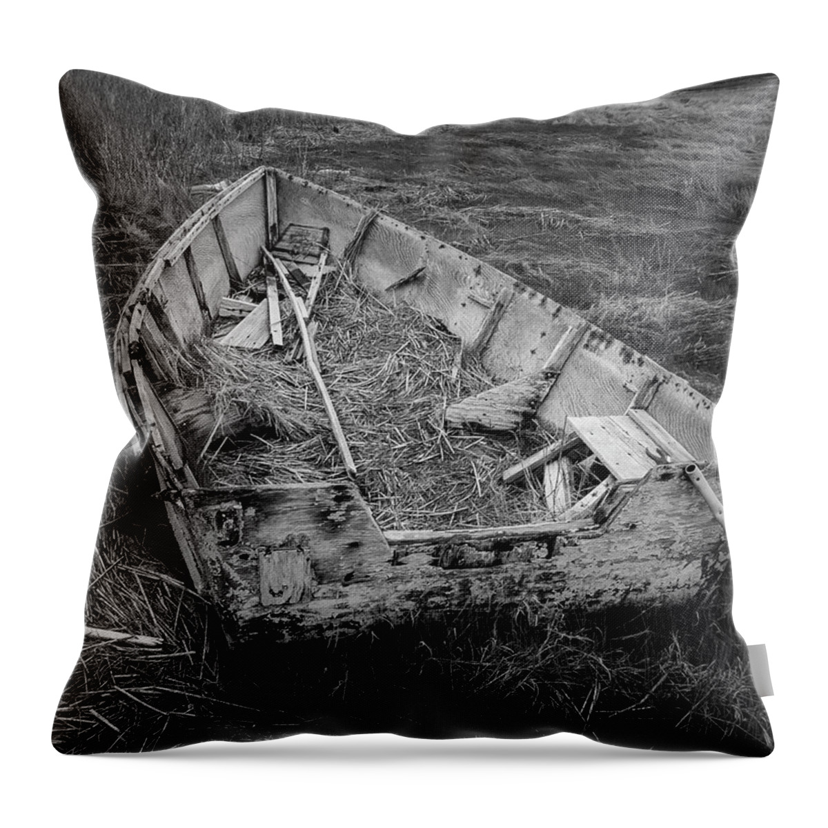 Aground Throw Pillow featuring the photograph Old Boat in Tidal Marsh II BW by David Gordon