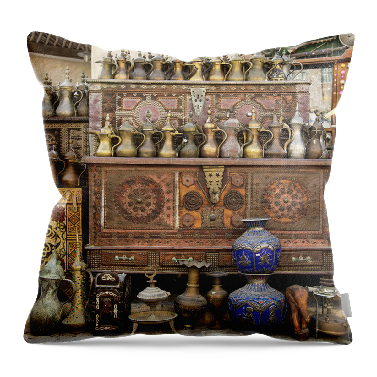Retail Throw Pillow featuring the photograph Old Items On Sale In Waqif Souk by Buena Vista Images