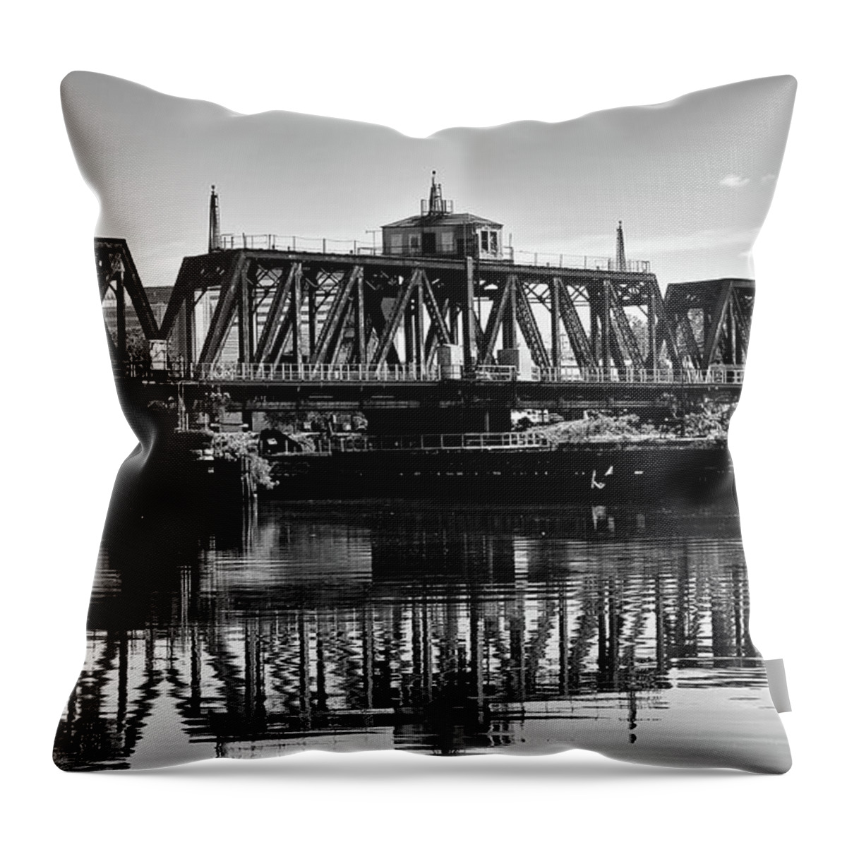 B&w Throw Pillow featuring the photograph Old Railroad Swing Bridge by Louis Dallara