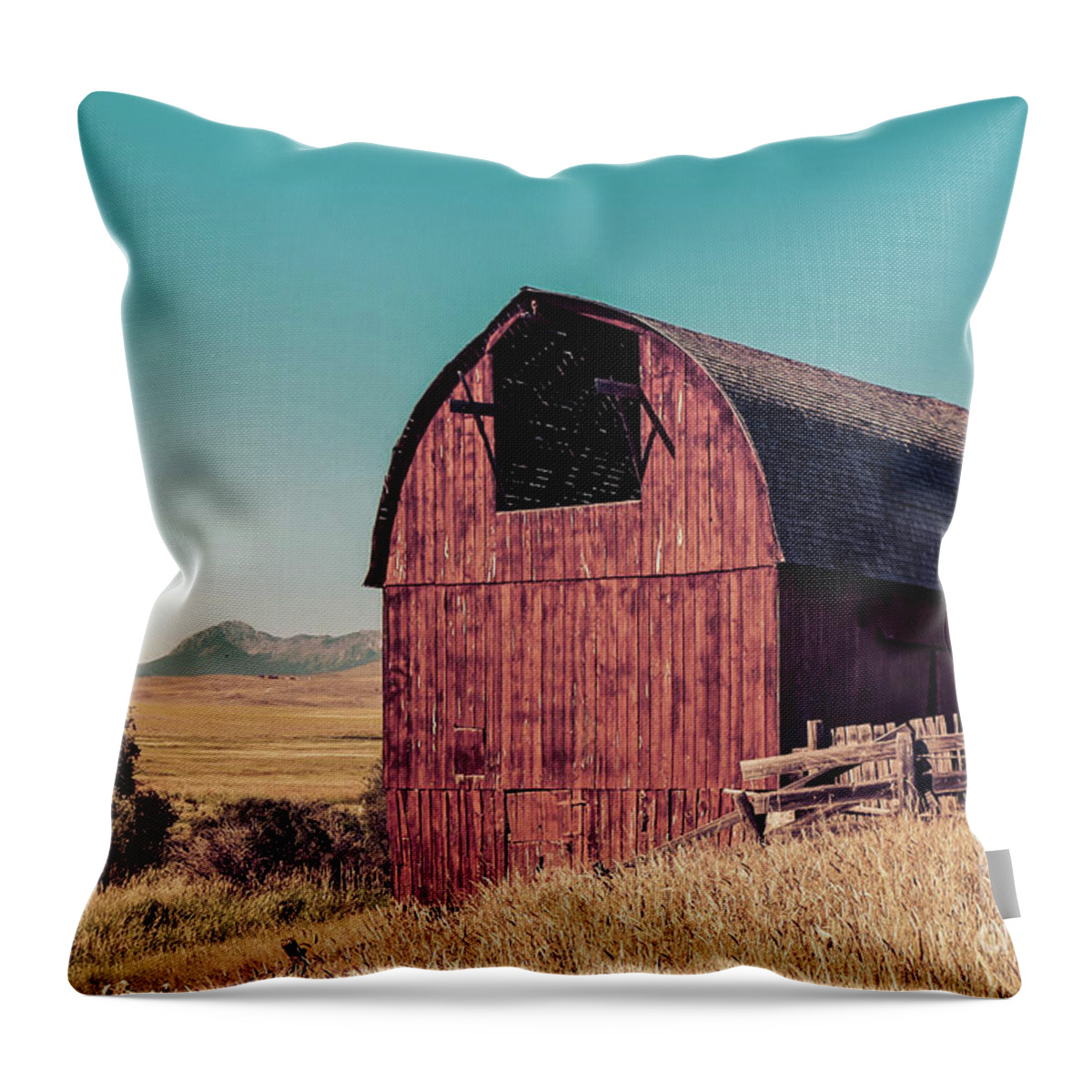Sedan Throw Pillow featuring the photograph Old Red Barn Sedan Montana by Edward Fielding