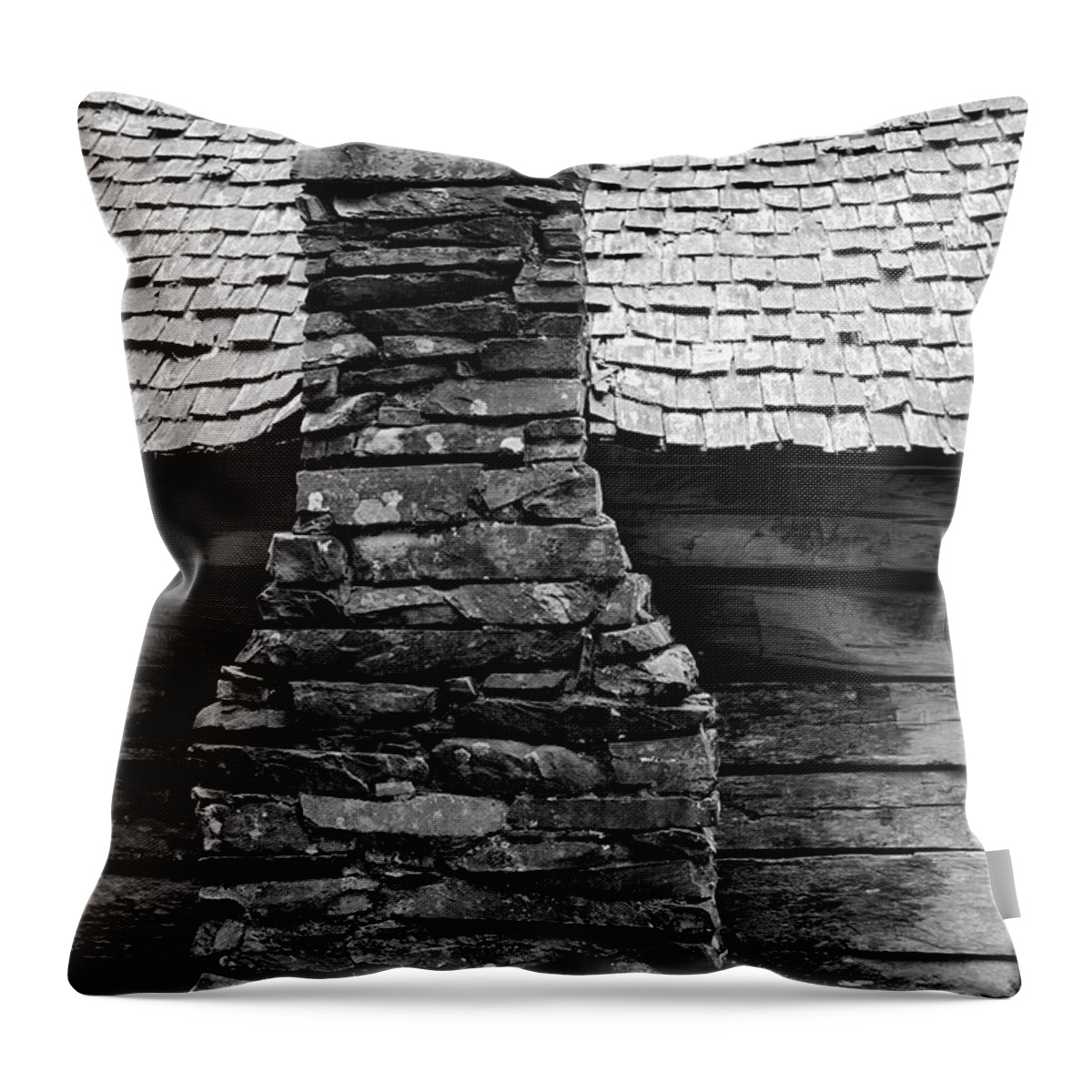 Stone Throw Pillow featuring the photograph Old Smokes Black and White Stone Chimney by T Lynn Dodsworth