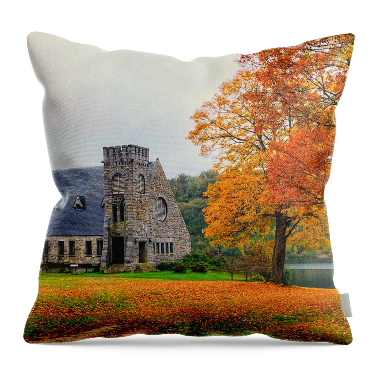 Landscape Throw Pillow featuring the photograph Old Stone Church in fall by Monika Salvan