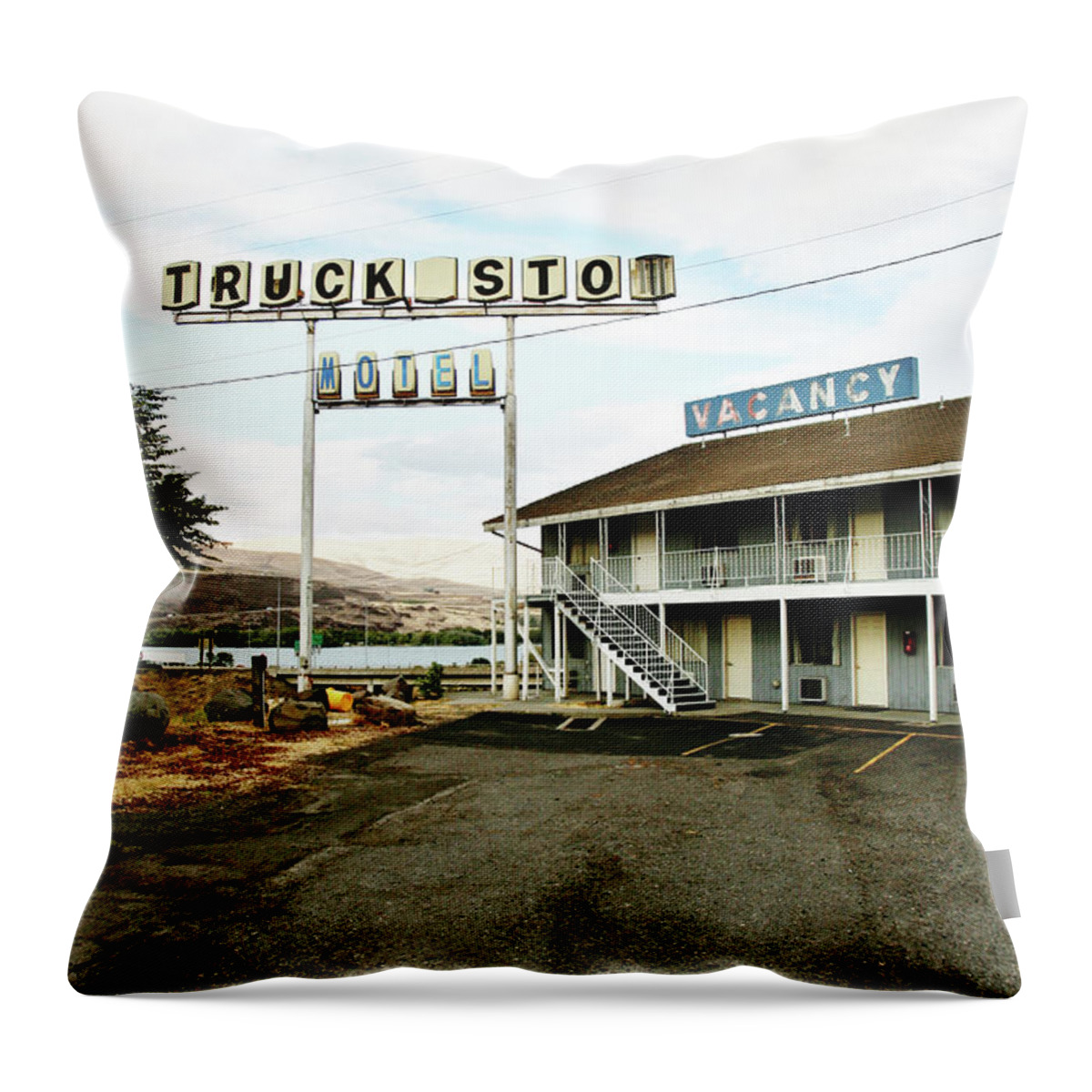 Steps Throw Pillow featuring the photograph Old Truck Stop And Motel Sign by Kevinruss