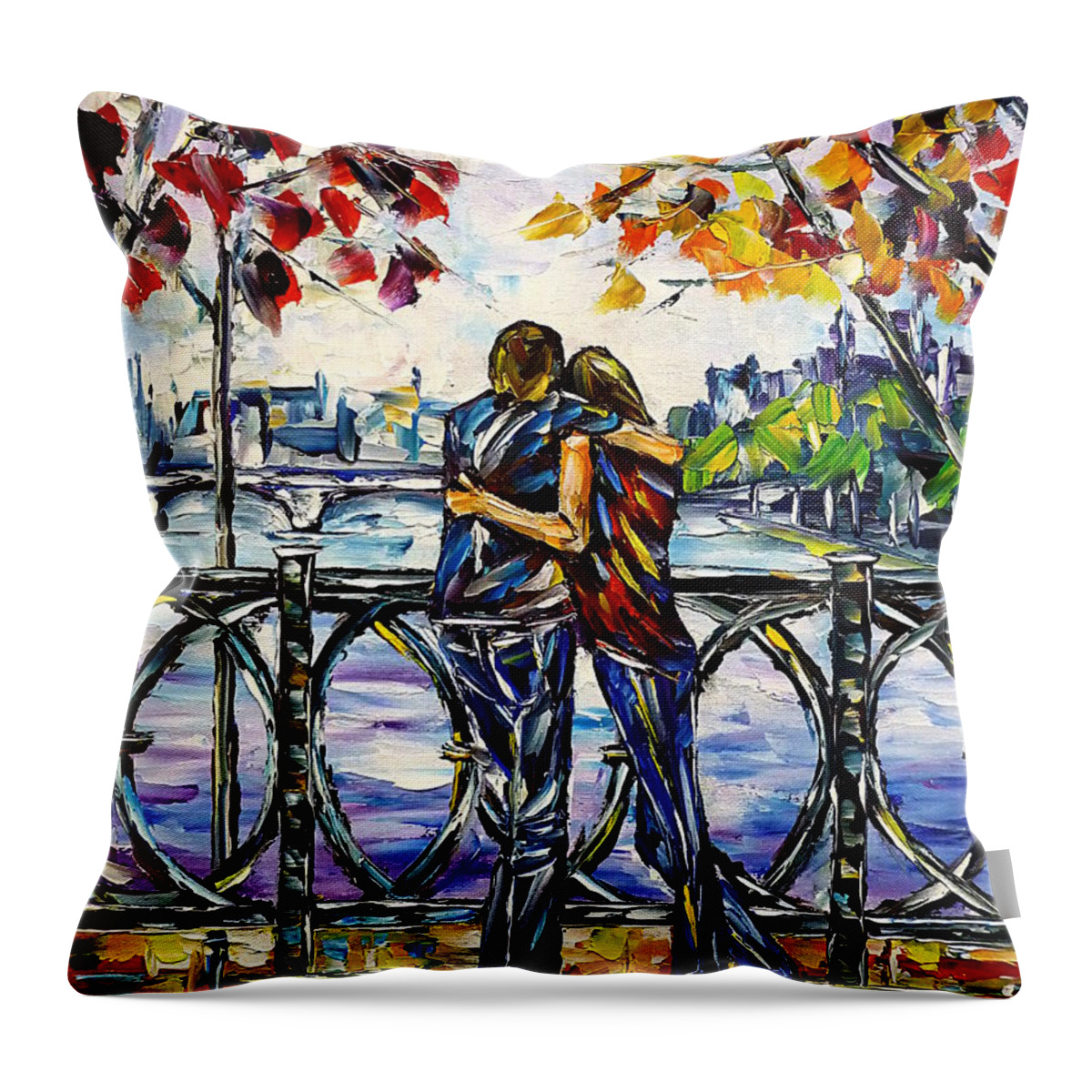 I Love Paris Throw Pillow featuring the painting On The Paris Bridge by Mirek Kuzniar