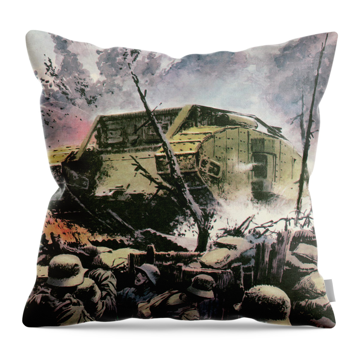 Armoured Throw Pillow featuring the painting On The Somme, Britains New Armoured Weapon, The Tank, Was A Fiasco by Frank Bellamy