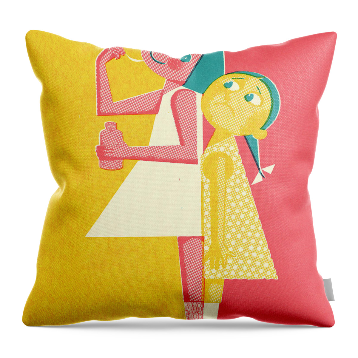 Campy Throw Pillow featuring the drawing One Sad Girl and One Girl Taking Medicine by CSA Images