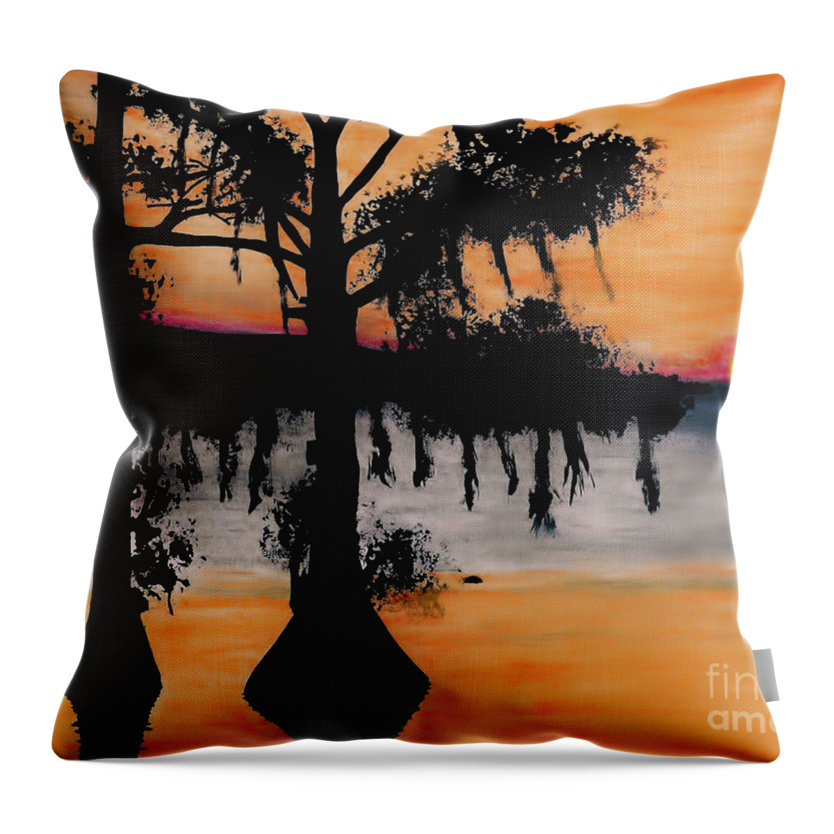 Sunset Throw Pillow featuring the drawing Orange Cypress Sunset by D Hackett
