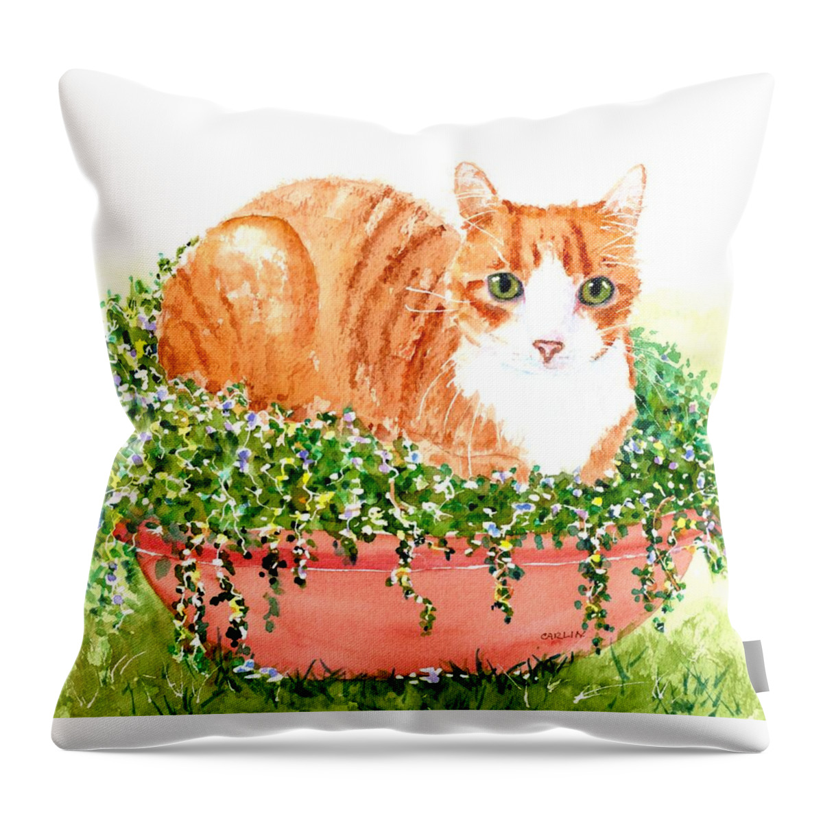 Cat Throw Pillow featuring the painting Orange Tabby Cat in Flower Pot by Carlin Blahnik CarlinArtWatercolor