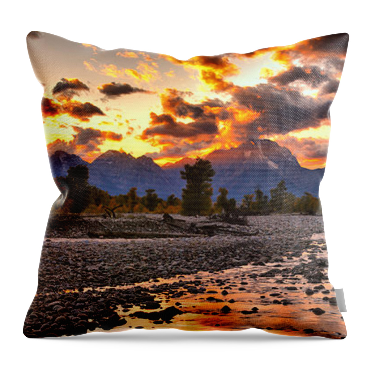 Spread Creek Throw Pillow featuring the photograph Orange Skies Over Spread Creek Panorama by Adam Jewell