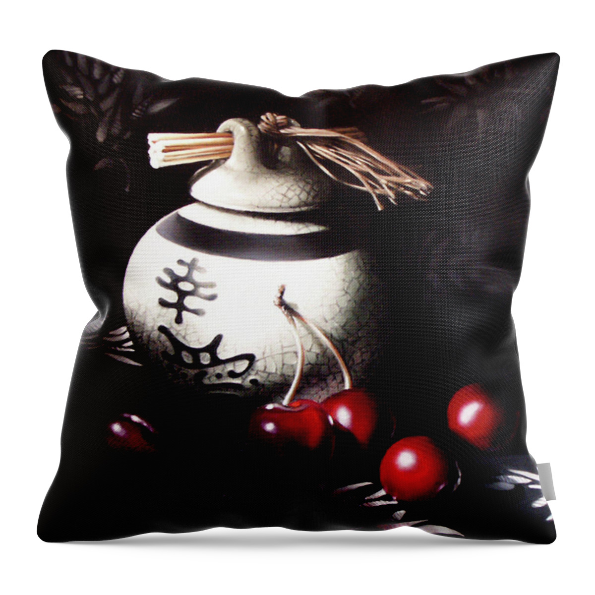 Oriental Throw Pillow featuring the pastel Ornamental Cherries by Dianna Ponting