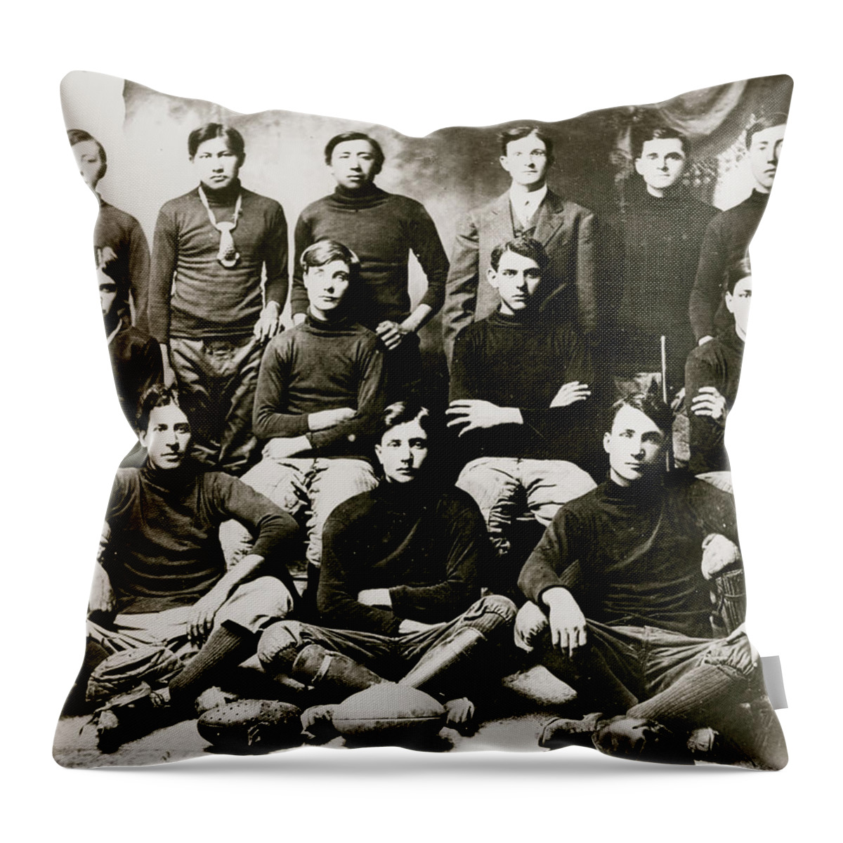 Native Throw Pillow featuring the painting Osage Indian School football team by 
