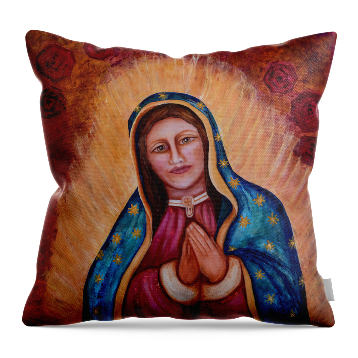 Female Saint Throw Pillow featuring the painting Our Lady of Quadalupe by Karen Conley