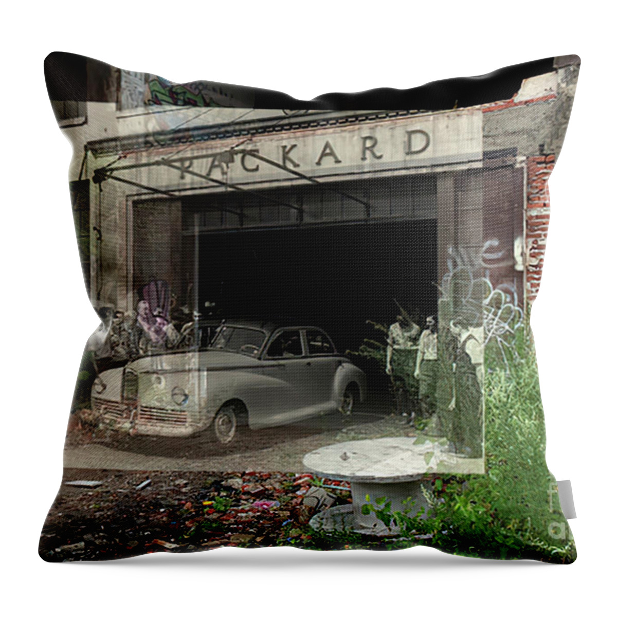 Vintage Throw Pillow featuring the photograph Overlay Image Of 1941 Packard Clipper Then And Now by Retrographs
