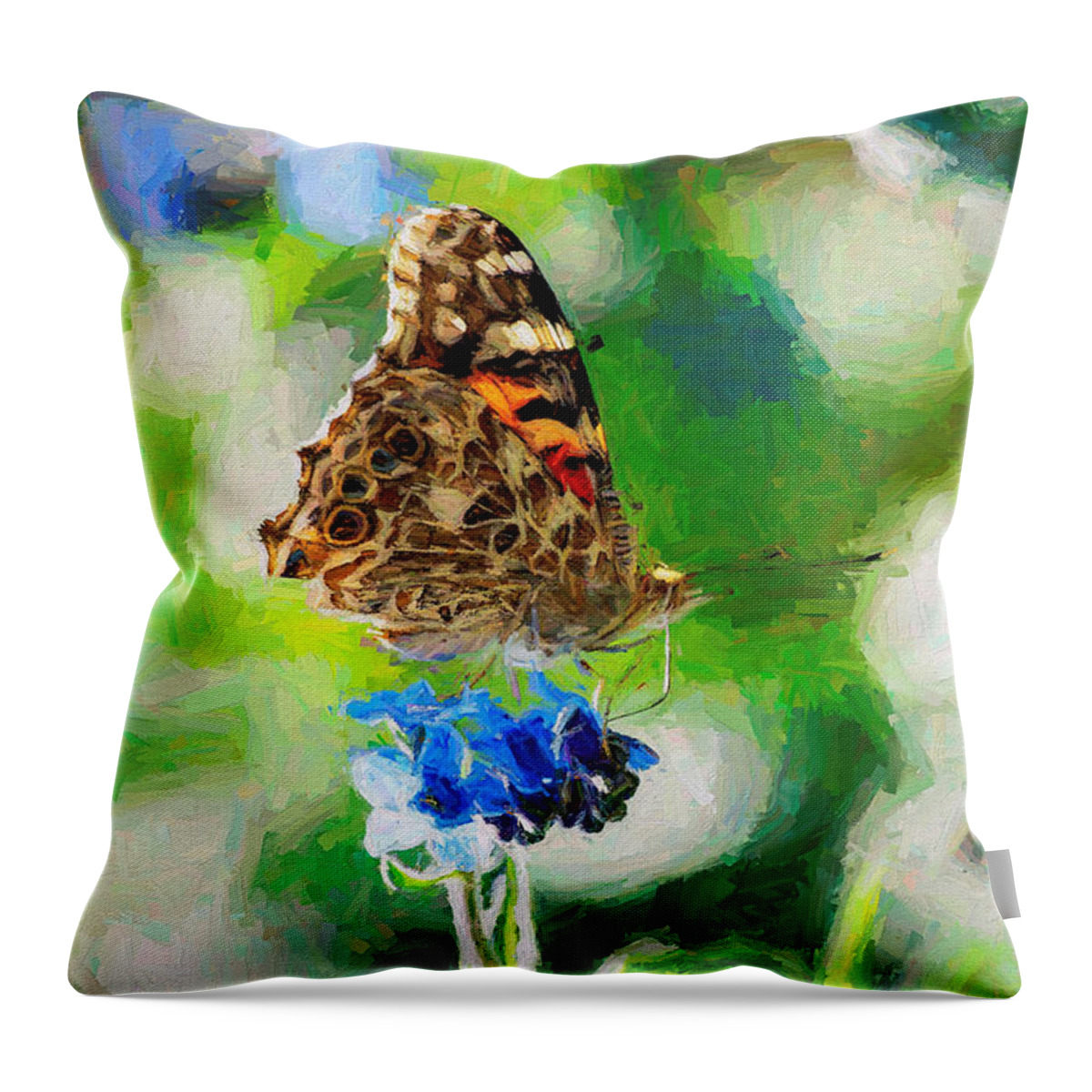 Cosmopolitan Throw Pillow featuring the photograph Painted Lady Butterfly Blue Flower by Don Northup