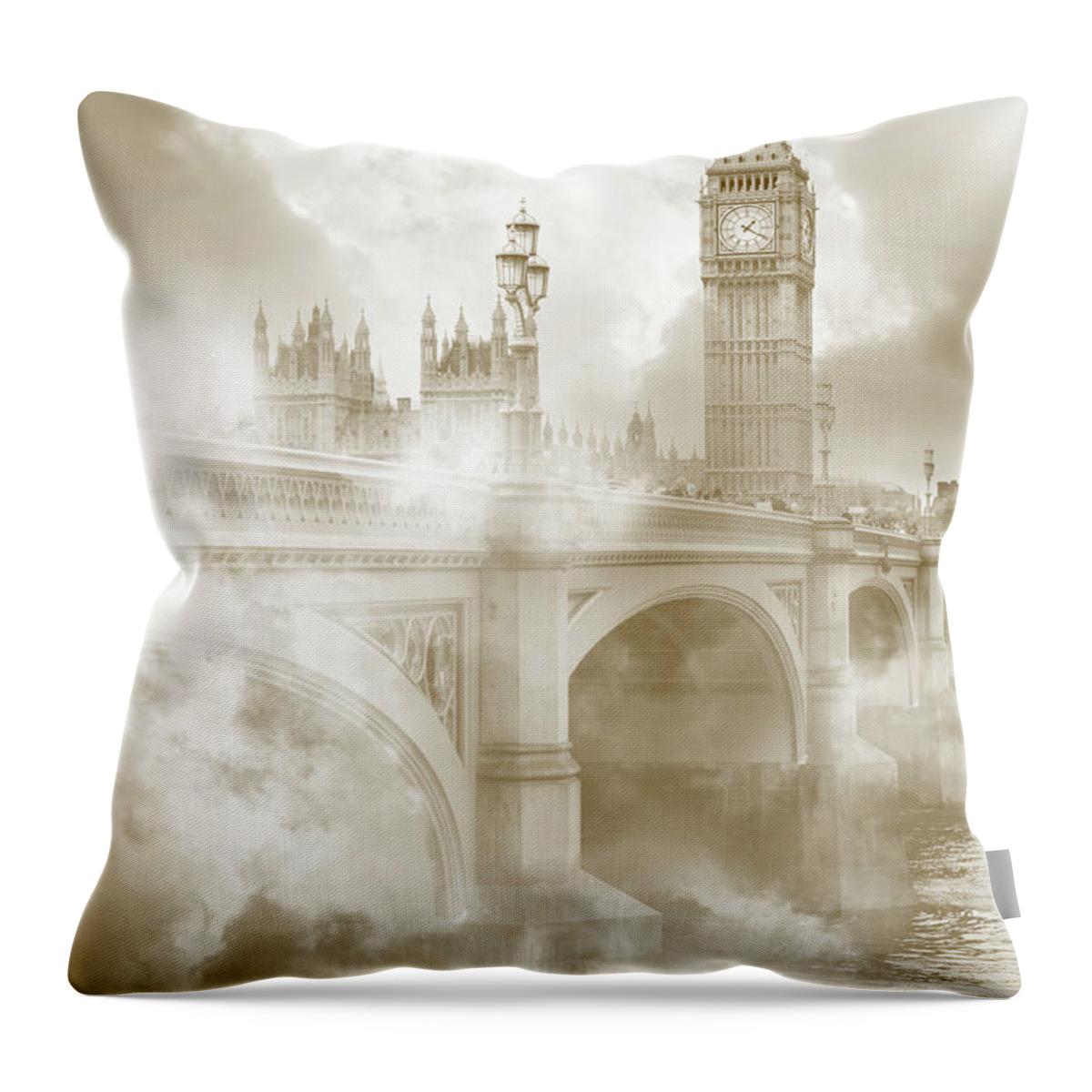 Clock Tower Throw Pillow featuring the photograph Painting Of Foggy London In Sepia by Georgethefourth