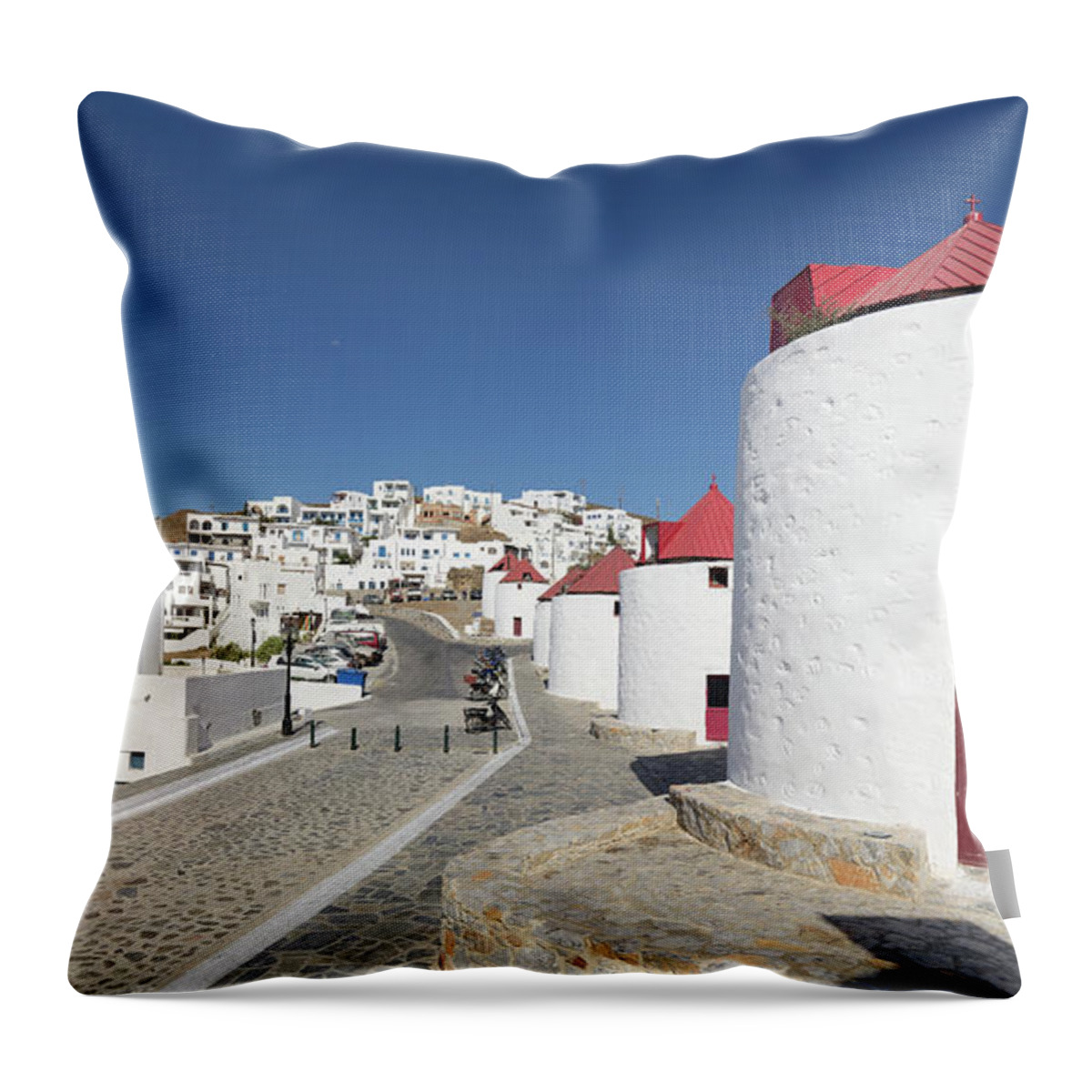 Greek Culture Throw Pillow featuring the photograph Panorama Of Greek Island Hilltop Chora by Abzee