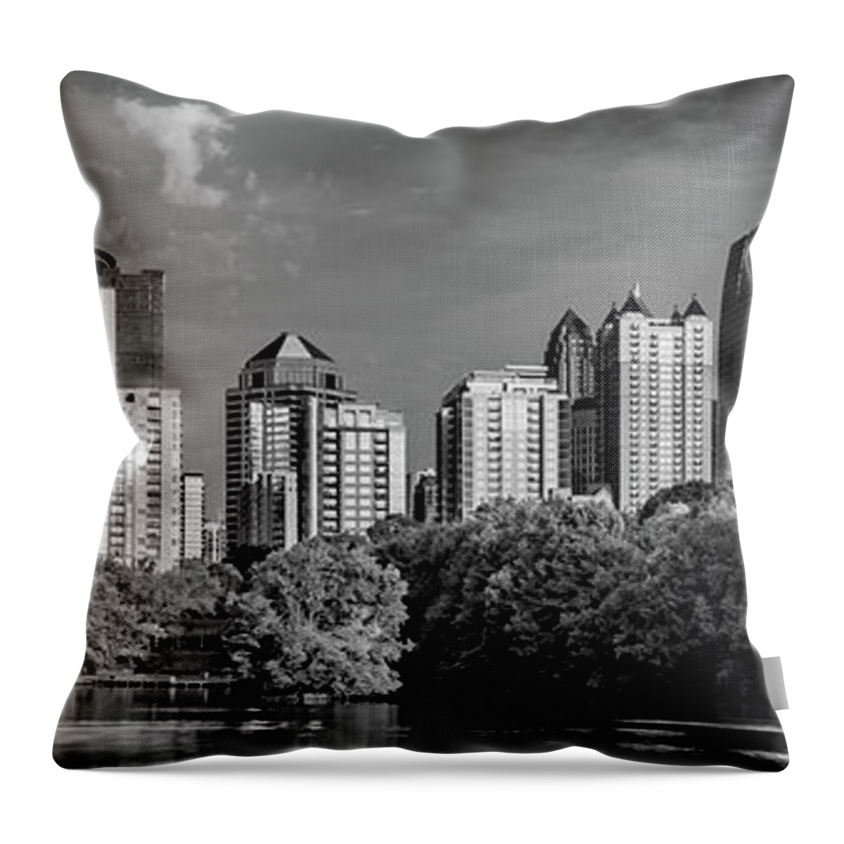 America Throw Pillow featuring the photograph Panoramic Skyline of Atlanta Georgia in Black and White by Gregory Ballos