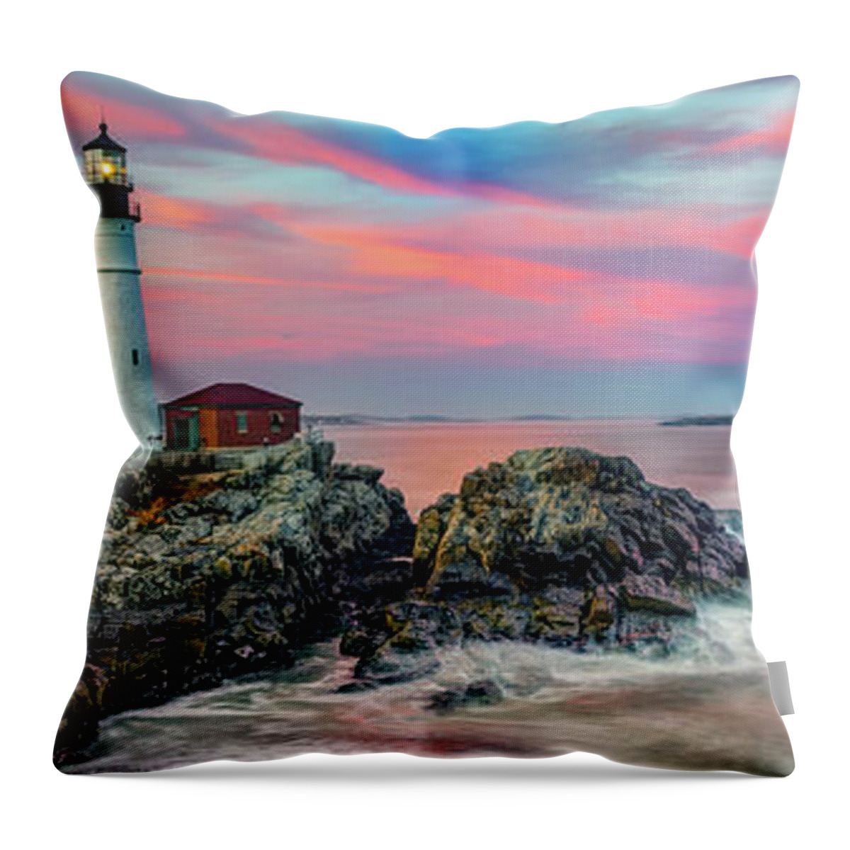 Portland Head Light Throw Pillow featuring the photograph Panoramic View of Portland Head Light at Sunset by Gregory Ballos