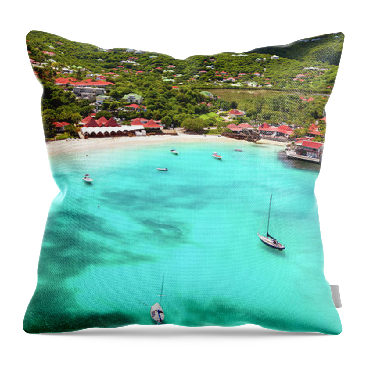 Water's Edge Throw Pillow featuring the photograph Panoramic View Of St.jean Bay In by Cdwheatley