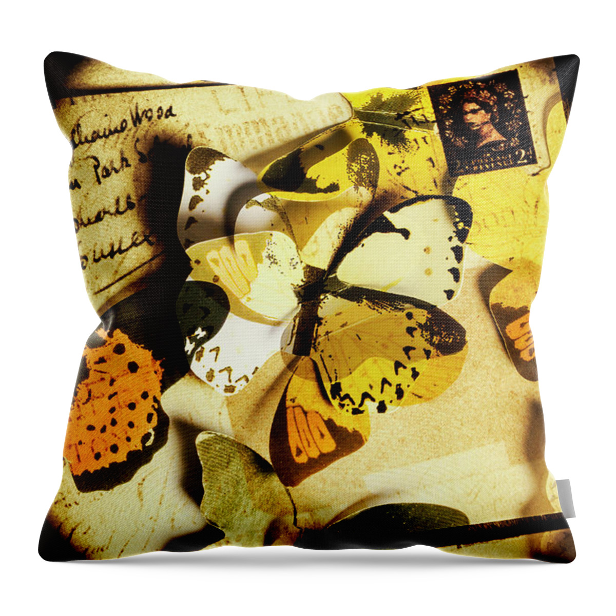 Postage Throw Pillow featuring the photograph Paper wings and inked out notes by Jorgo Photography